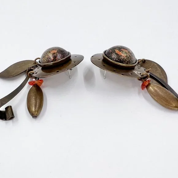 NWOT - Artisan BOHO Brass Tone Textured Metal Dangle Post Earrings - Picture 6 of 6